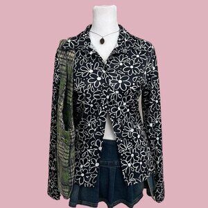 vintage 90s back and white floral boho retro mod button up shirt
